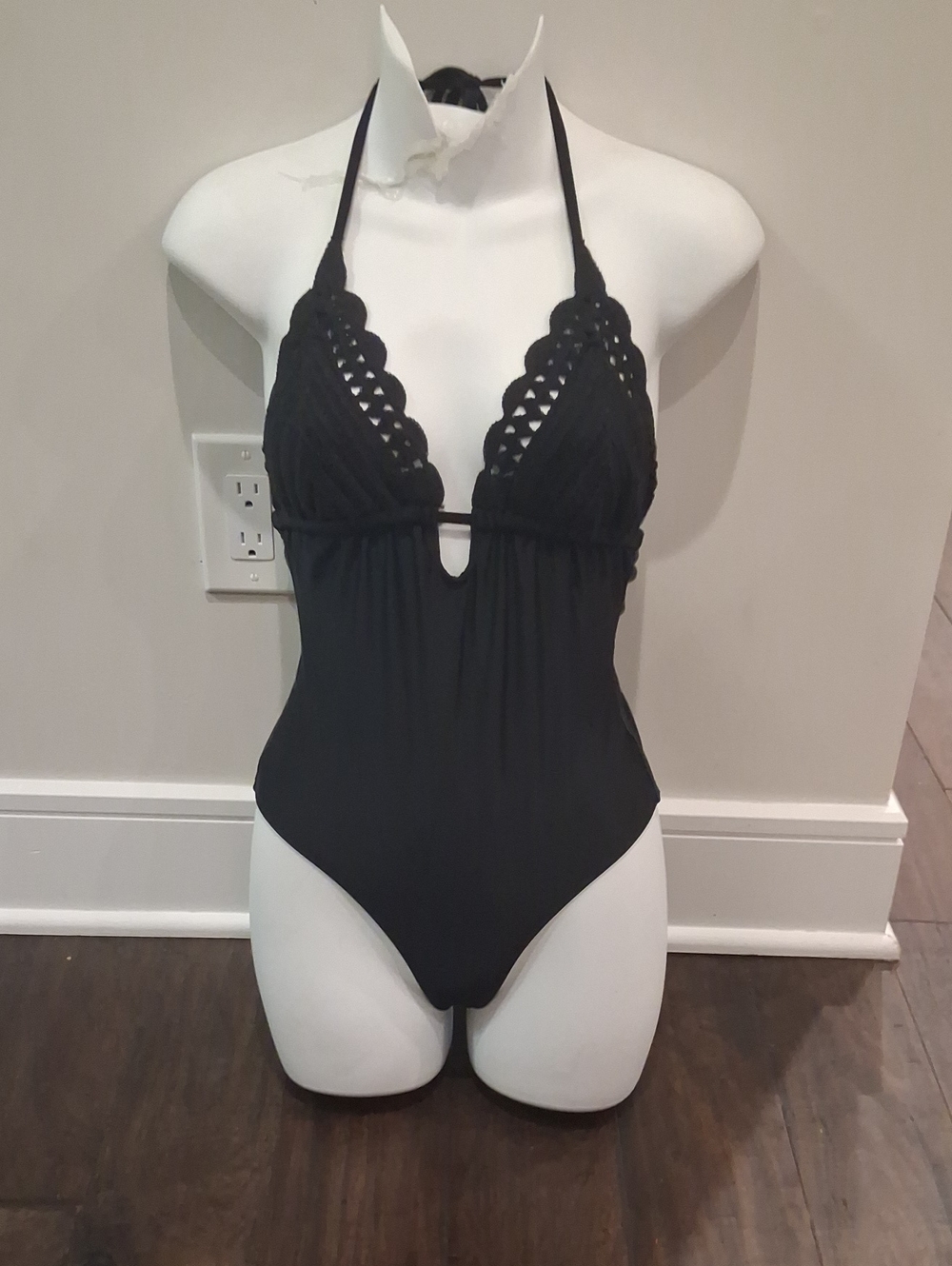 Black Crochet Halter One-Piece Swimsuit